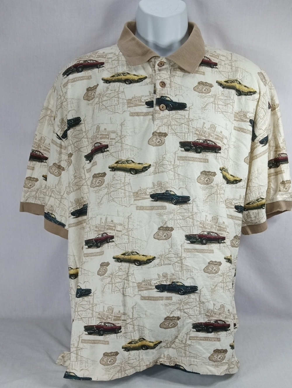 Woodland Trail Men's Beige Polo with Vintage Car Print